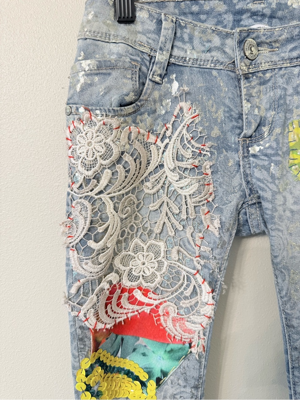 Angela Mele Milano Patchwork Embellished Cropped Jeans XS Italy Lace Sequin - Picture 4 of 10